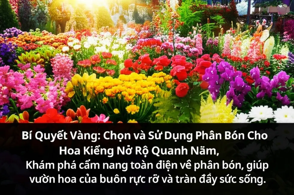 Hình ảnh cận cảnh một vườn hoa kiểng đa dạng màu sắc, hoa nở rộ tượng trưng cho hiệu quả của việc sử dụng phân bón cho hoa.