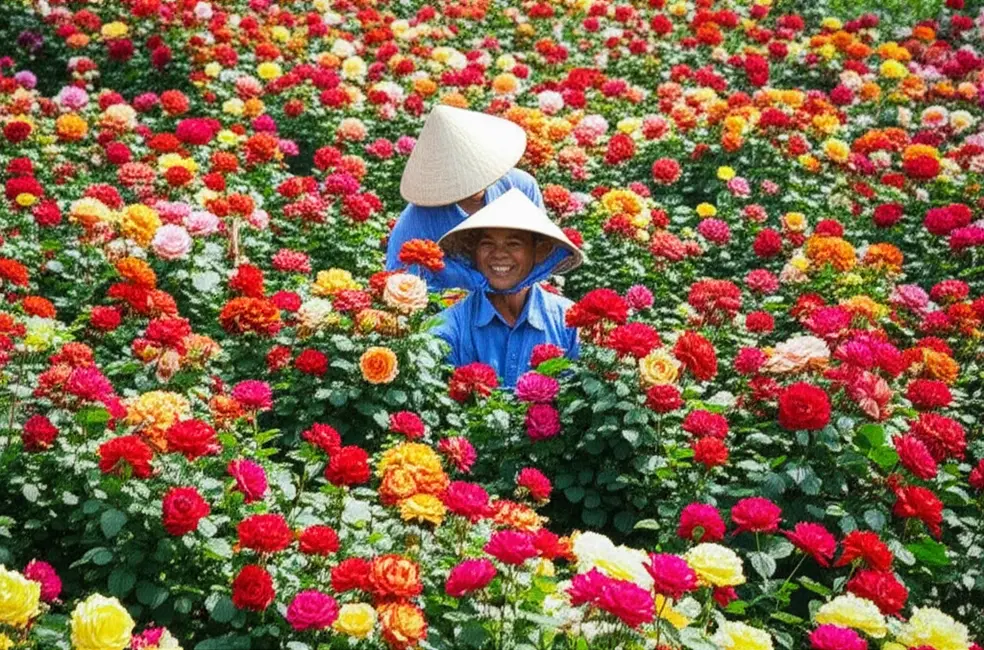 Cánh đồng hoa hồng (hoặc hoa cúc) nở hoa đồng loạt, rực rỡ dưới nắng, một nông dân đang kiểm tra chất lượng hoa.