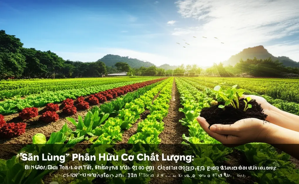 Toàn cảnh một trang trại hữu cơ xanh tốt tại Việt Nam, với đôi tay nông dân đang nâng niu phân bón hữu cơ màu mỡ, thể hiện tầm quan trọng của phân bón chất lượng trong canh tác hữu cơ.