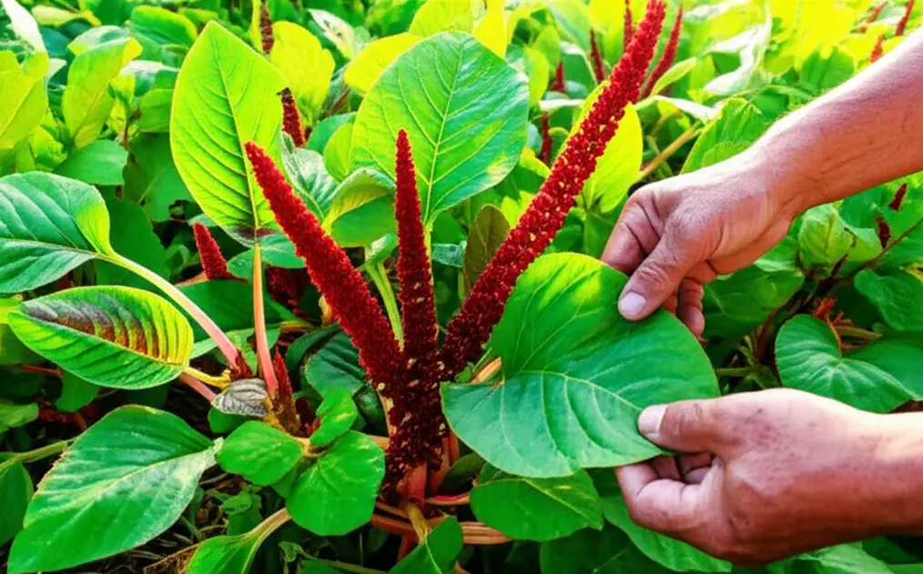 Cánh đồng rau dền xanh mướt và đỏ tía dưới ánh nắng, một nông dân đang kiểm tra lá rau dền to khỏe, thể hiện sự thành công của việc bón phân.