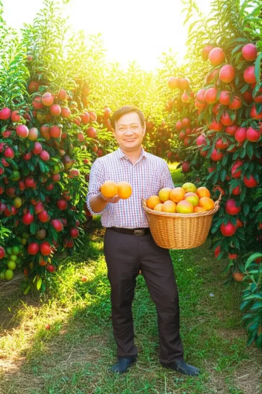 Vườn trái cây bội thu với người nông dân hạnh phúc.