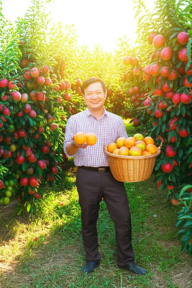 Vườn trái cây bội thu với người nông dân hạnh phúc.