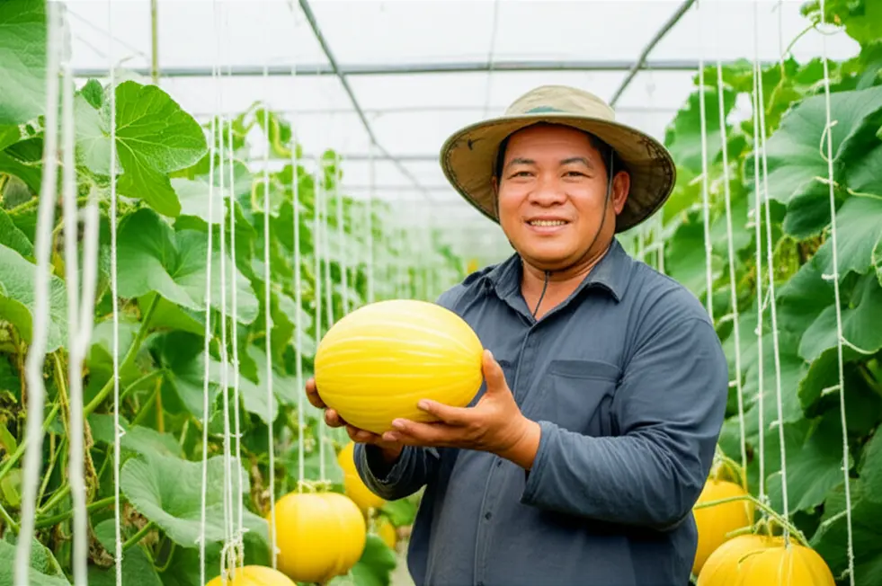 Ảnh nông dân thu hoạch dưa lưới.