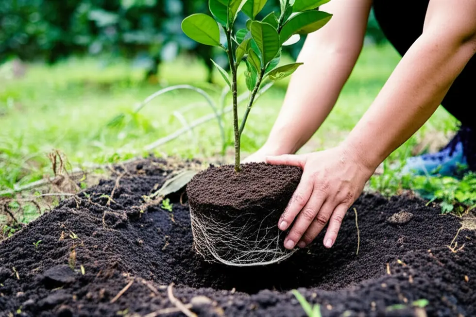Bón phân nền cho cây bưởi non để phát triển khỏe mạnh.