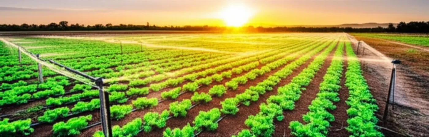 Trang trại xanh tươi được tưới bằng hệ thống tưới nhỏ giọt vào lúc hoàng hôn.