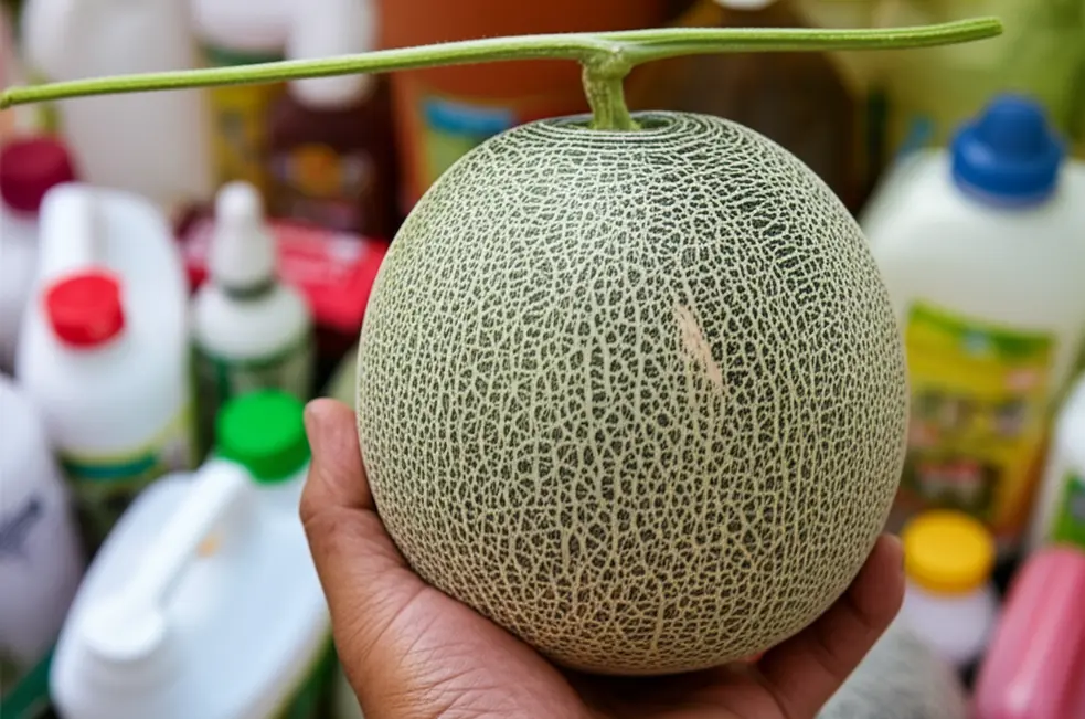 Chuyên gia tư vấn kỹ thuật kiểm tra sự phát triển của cây dưa lưới.