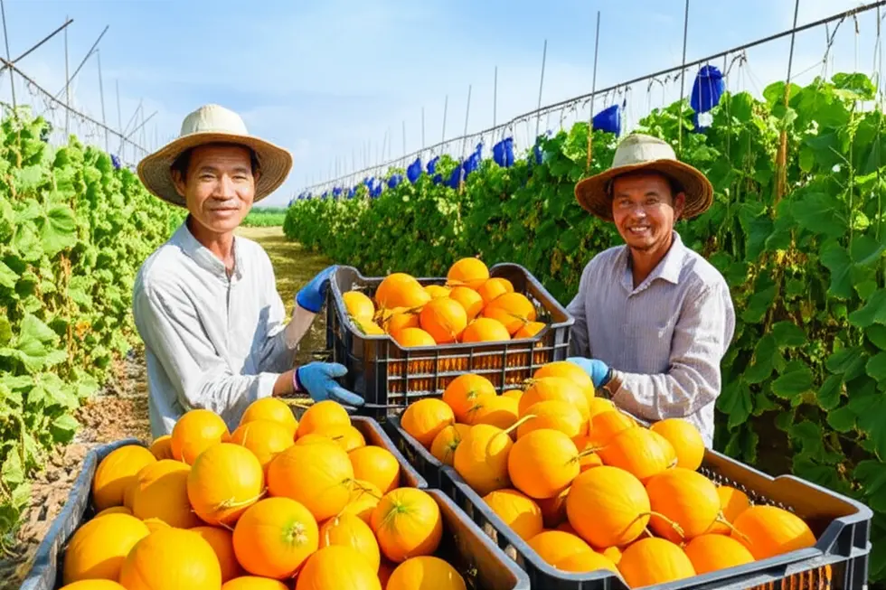 Hình ảnh vụ mùa dưa lưới ruột cam bội thu với những quả dưa căng tròn, ruột cam đẹp mắt.