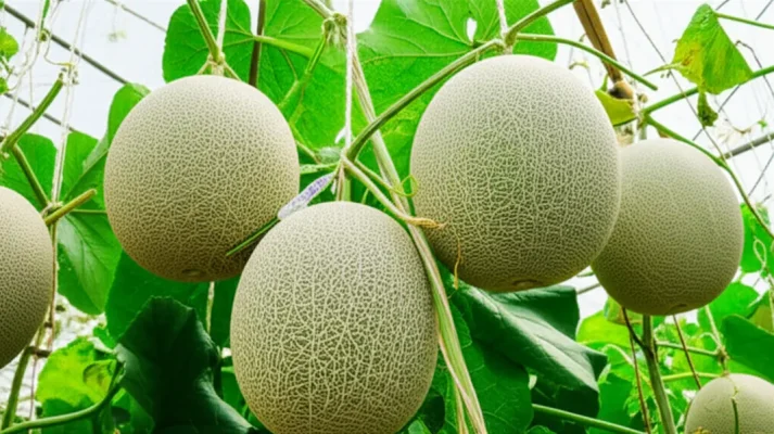 Hình ảnh dưa lưới ruột xanh được thu hoạch trong nhà màng.