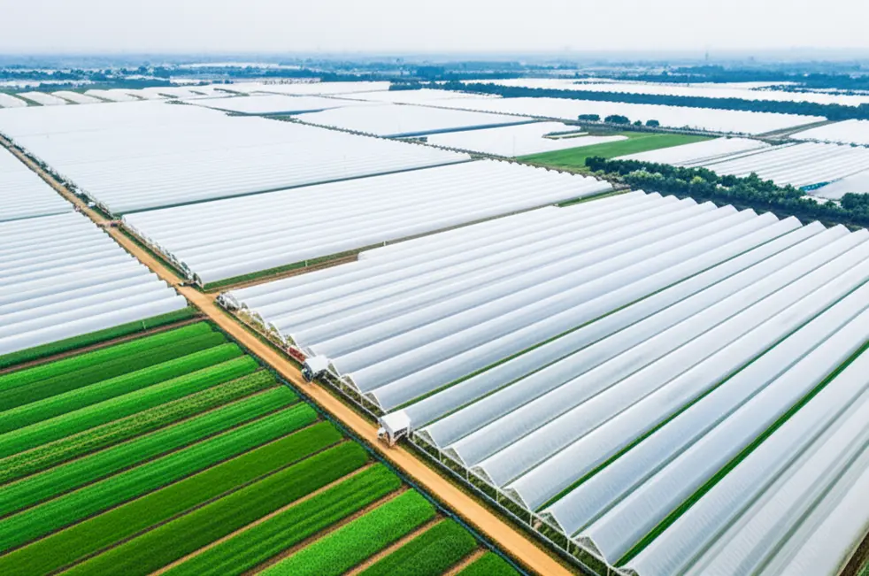 Toàn cảnh khu vực nông nghiệp công nghệ cao với nhiều nhà màng hiện đại.