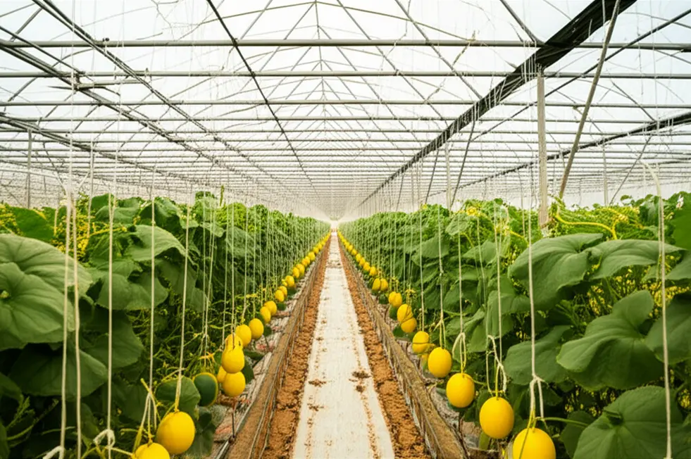 Trang trại dưa lưới trong nhà màng hiện đại.