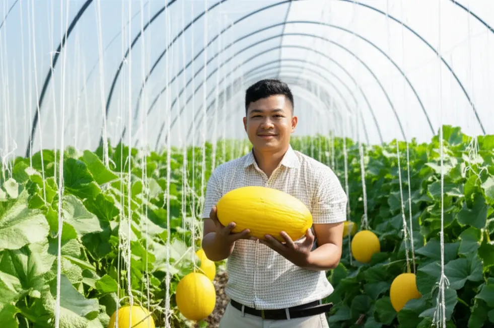 Nông dân tươi cười cầm quả dưa lưới lớn trong trang trại của mình.