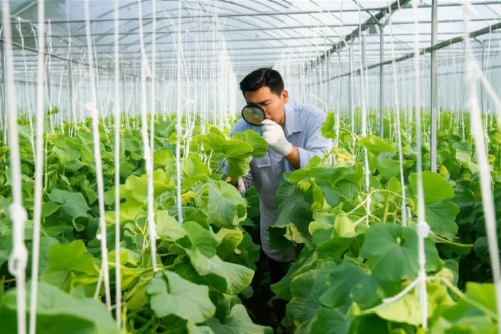 Lá dưa lưới bị bệnh sương mai với các đốm vàng và lớp nấm mốc.