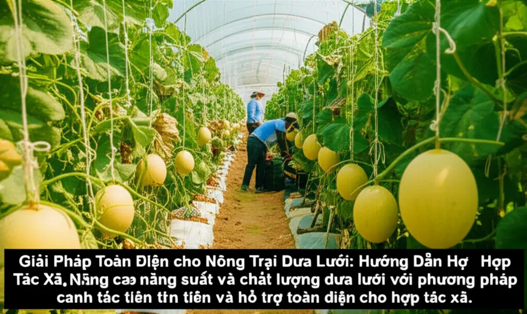 Ảnh toàn cảnh nông trại dưa lưới xanh tốt.