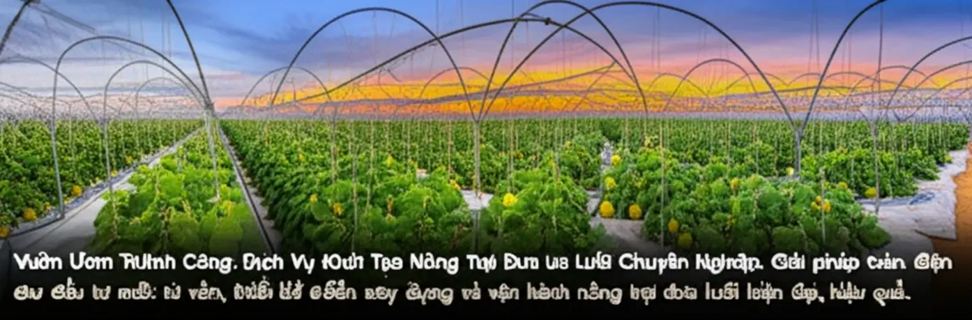 Toàn cảnh nông trại dưa lưới đang phát triển mạnh mẽ vào lúc hoàng hôn.