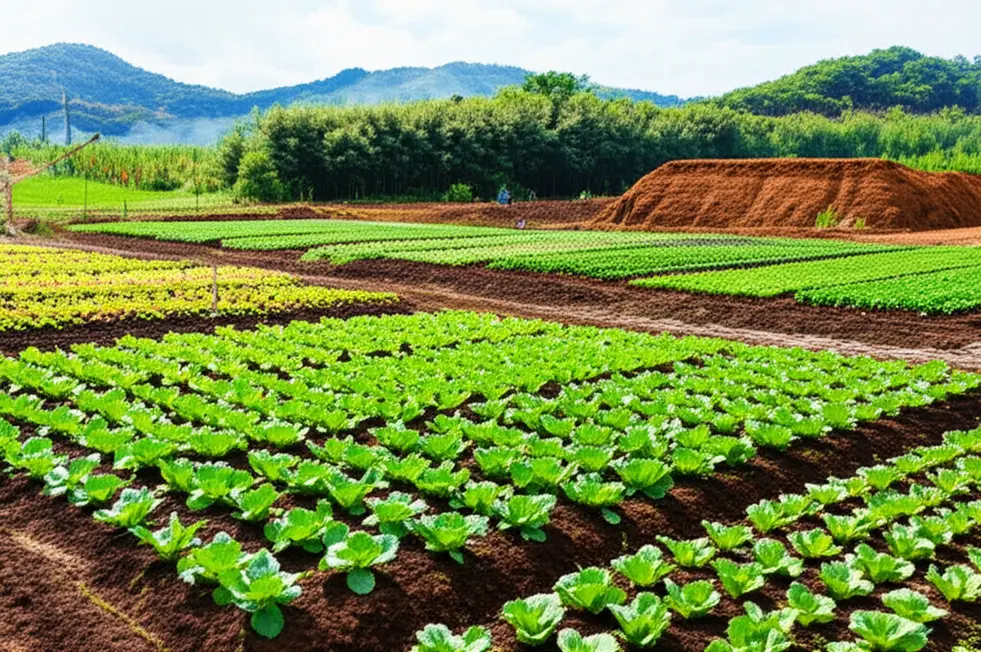 Hình ảnh nông trại hữu cơ với cây trồng phát triển xanh tốt.