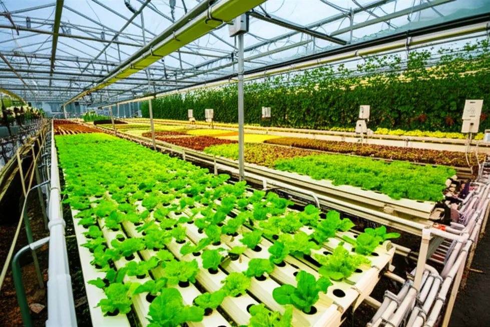 Toàn cảnh nông trại thủy canh với nhiều loại rau đang phát triển khỏe mạnh.