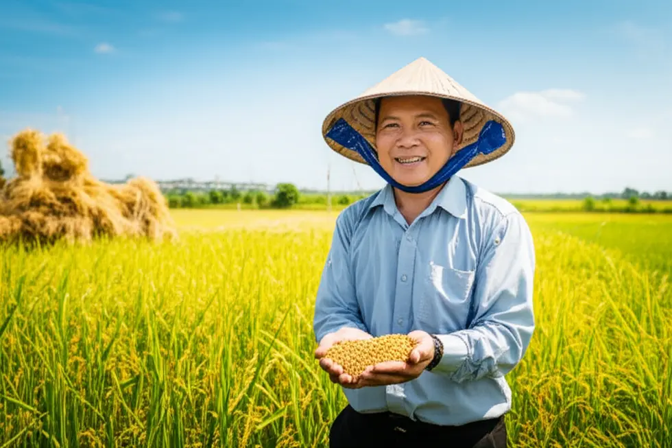 Người nông dân vui vẻ bên ruộng lúa trĩu hạt.