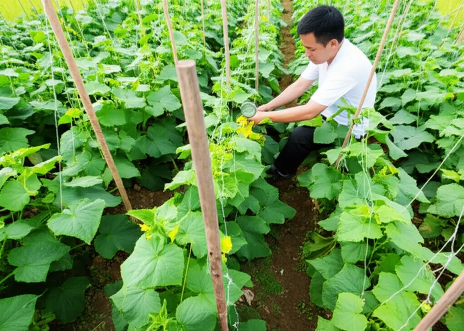 Bệnh phấn trắng trên lá dưa: lớp phấn trắng đặc trưng.