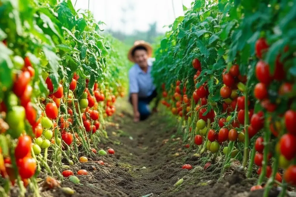 Ruộng cà chua xanh tốt với nhiều quả chín, biểu tượng của mùa màng bội thu và không có bệnh héo xanh vi khuẩn.