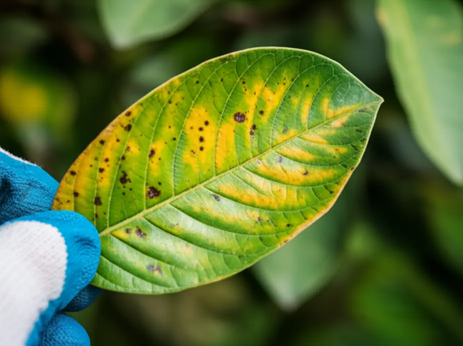 Lá ổi bị vàng do thiếu dinh dưỡng.