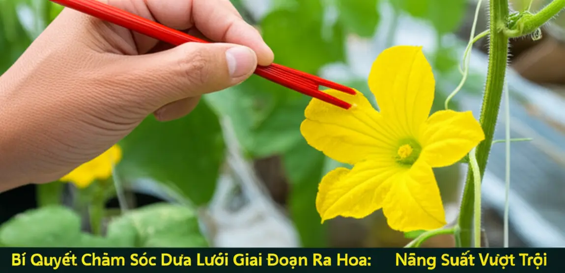 Thụ phấn nhân tạo giúp tăng tỉ lệ đậu trái cho dưa lưới trong nhà màng.