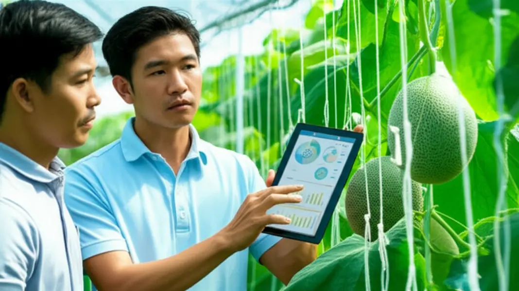 Chuyên gia tư vấn kỹ thuật kiểm tra sự phát triển của cây dưa lưới.