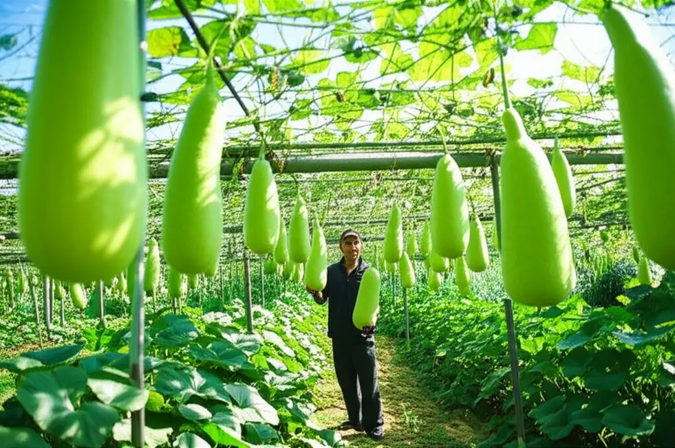 Vườn bầu bí xanh tốt với nhiều quả lớn.