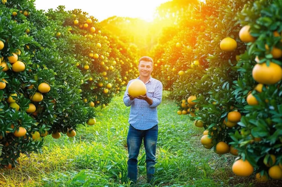 Vườn bưởi năng suất cao với trái bưởi chín vàng.