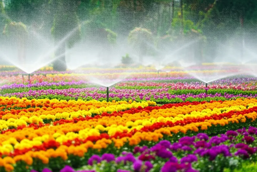 Vườn hoa rực rỡ với nhiều loại hoa và cây cảnh.