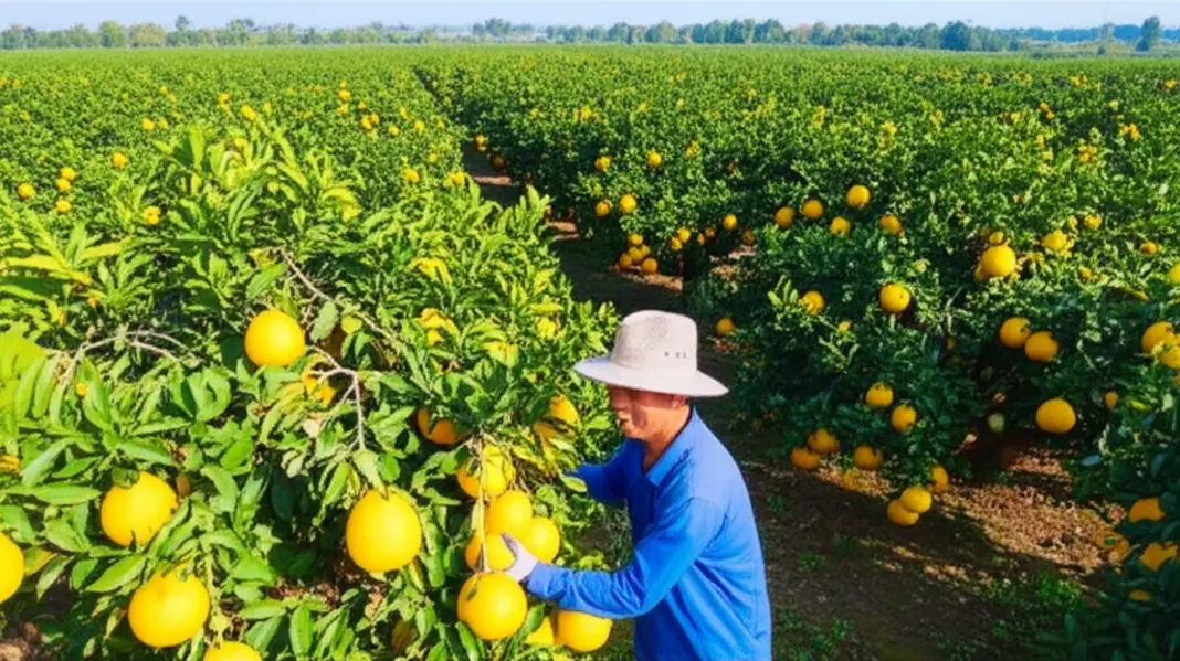 Vườn bưởi trĩu quả với những trái bưởi vàng óng.