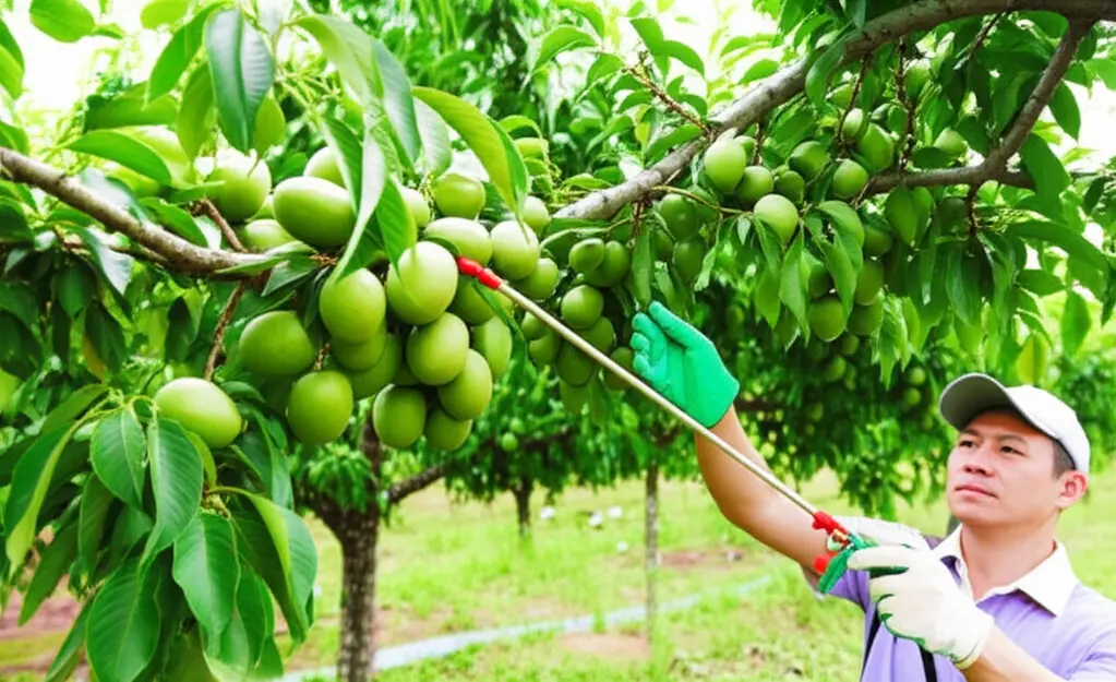 Người nông dân đang kiểm tra cẩn thận các trái non bị rụng và dấu hiệu trên lá.