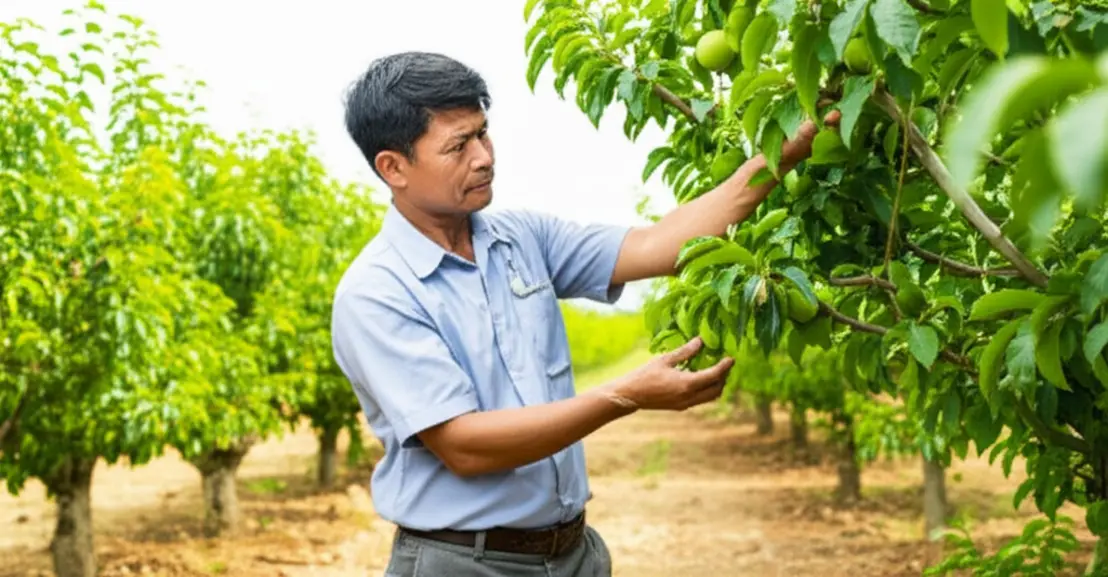 Hình ảnh người nông dân đang kiểm tra cẩn thận cành cây ăn trái với những quả non, một vài quả rụng dưới gốc, trong khung cảnh vườn cây xanh tốt.