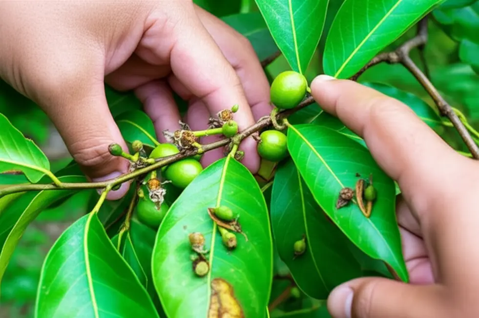 Người nông dân đang kiểm tra cẩn thận các trái non bị rụng và dấu hiệu trên lá.