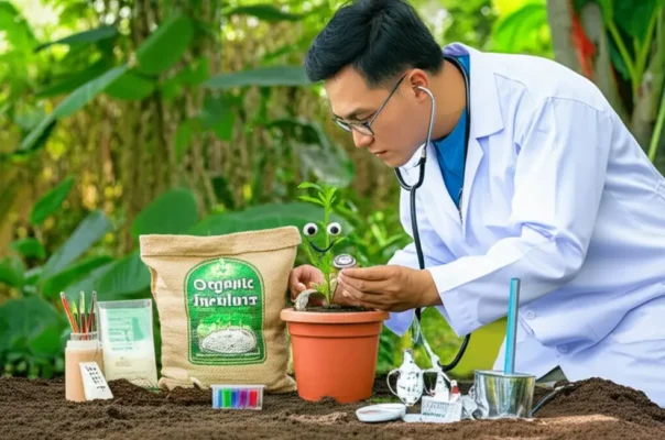 Hình ảnh hài hước cây con vàng úa, héo rũ với khuôn mặt buồn, bên cạnh là người nông dân đang dùng kính lúp soi xét với vẻ mặt ngơ ngác.