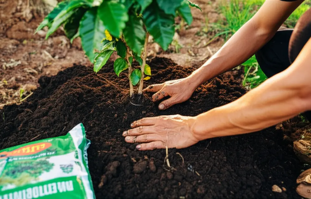 Sự khác biệt rõ rệt giữa một cây cà phê còi cọc, vàng lá và một cây phát triển khỏe mạnh.