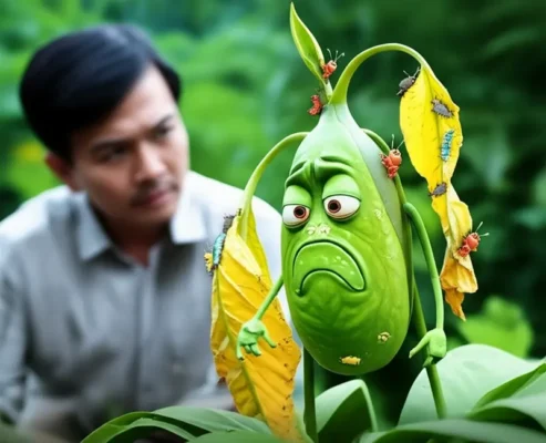Hình ảnh minh họa hài hước cây trồng đang nhăn nhó vì nắng gắt và run rẩy vì mưa, thể hiện sự khó chịu của cây với điều kiện thời tiết khắc nghiệt.