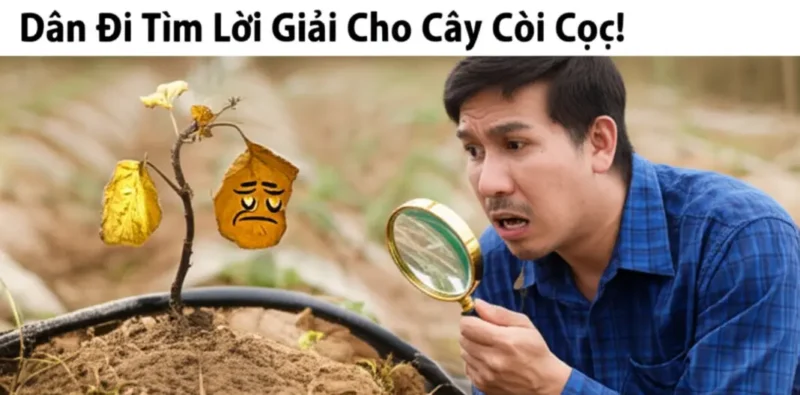 Hình ảnh hài hước cây con vàng úa, héo rũ với khuôn mặt buồn, bên cạnh là người nông dân đang dùng kính lúp soi xét với vẻ mặt ngơ ngác.