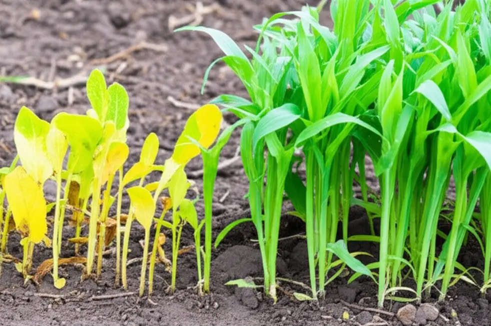 Sự đối lập rõ rệt giữa cây còi cọc và cây khỏe mạnh cùng lứa, giúp nông dân dễ dàng nhận diện vấn đề.