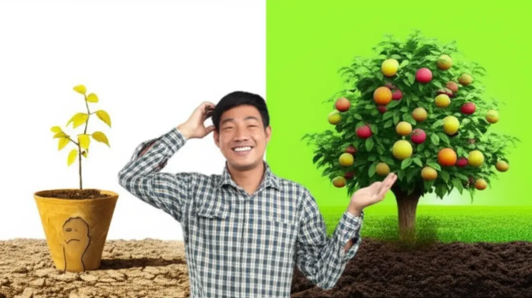 Một bên là cây còi cọc, vàng úa, một bên là cây xanh tươi, trĩu quả, thể hiện sự đối lập trong quá trình phát triển của cây trồng. Người nông dân đứng giữa với vẻ mặt hài hước.