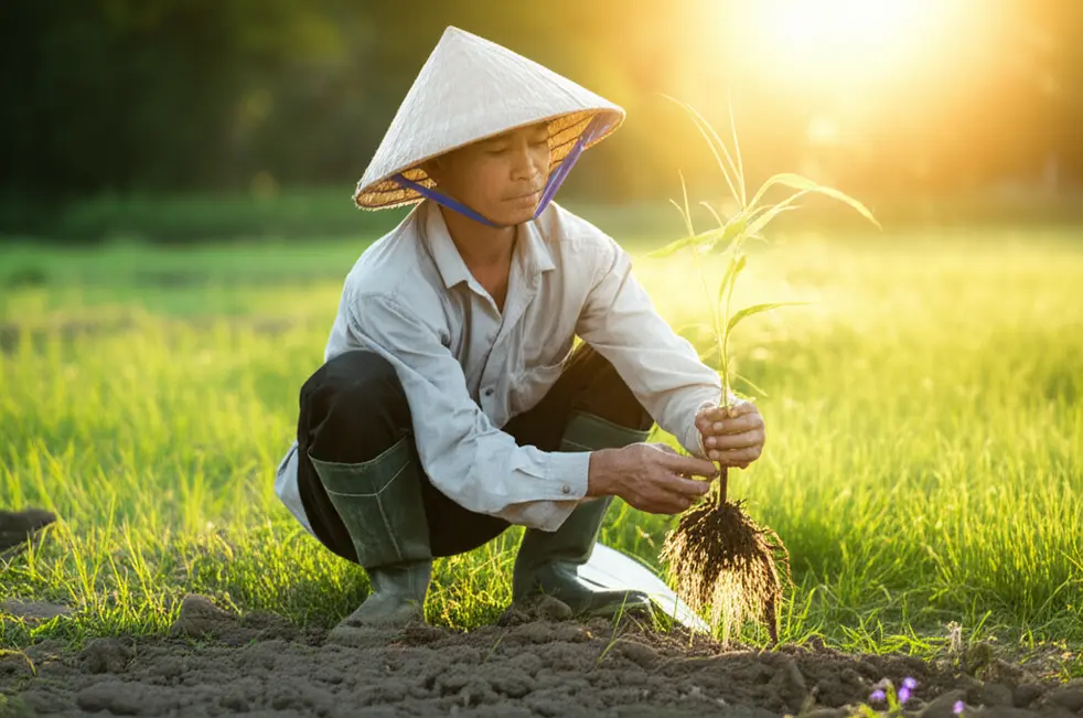 Nông dân đang kiểm tra bộ rễ của một cây non trong ruộng, thể hiện sự quan tâm đến sức khỏe cây trồng và vấn đề thối rễ.