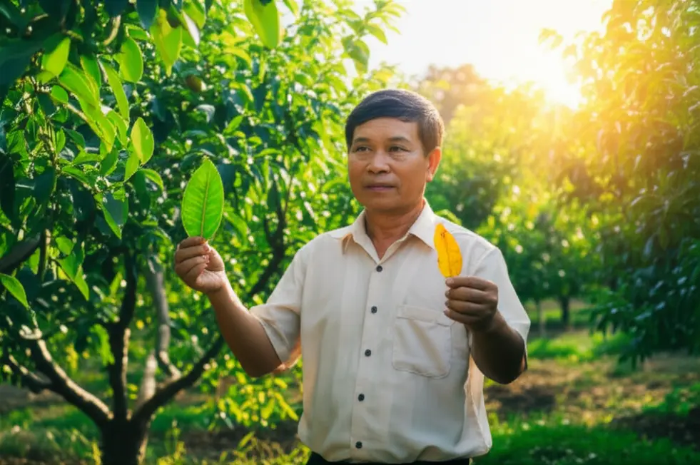 Một người nông dân Việt Nam đứng trong vườn cây, một tay cầm lá xanh khỏe mạnh, tay kia cầm một lá vàng úa.