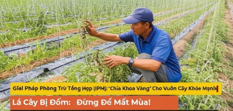 Một người nông dân dùng kính lúp để soi kỹ các vết đốm khác nhau trên một chiếc lá xanh, thể hiện quá trình chẩn đoán bệnh cho cây trồng.