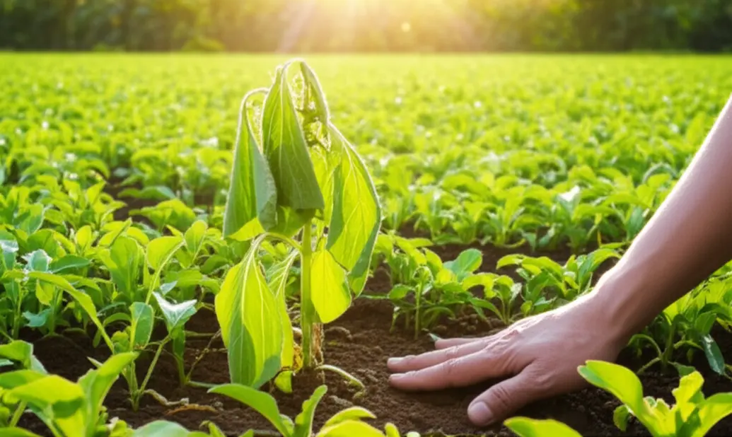 Người nông dân đang kiểm tra một cây con bị héo giữa một cánh đồng cây non xanh tốt, thể hiện sự quan tâm và tìm cách cứu chữa cho cây trồng.
