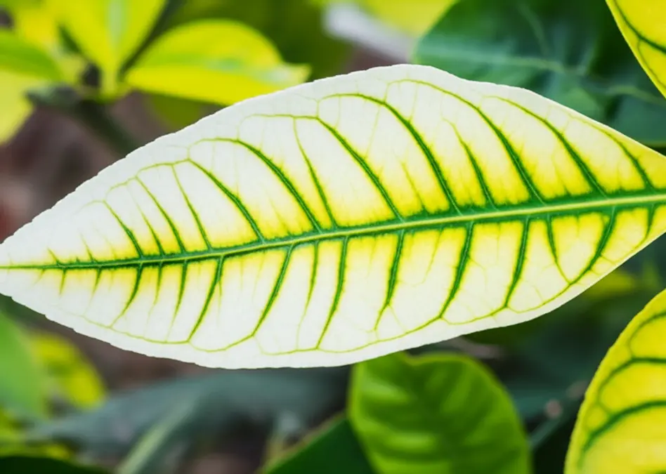 Lá cây non thể hiện rõ triệu chứng vàng lá gân xanh, dấu hiệu điển hình của việc thiếu sắt.