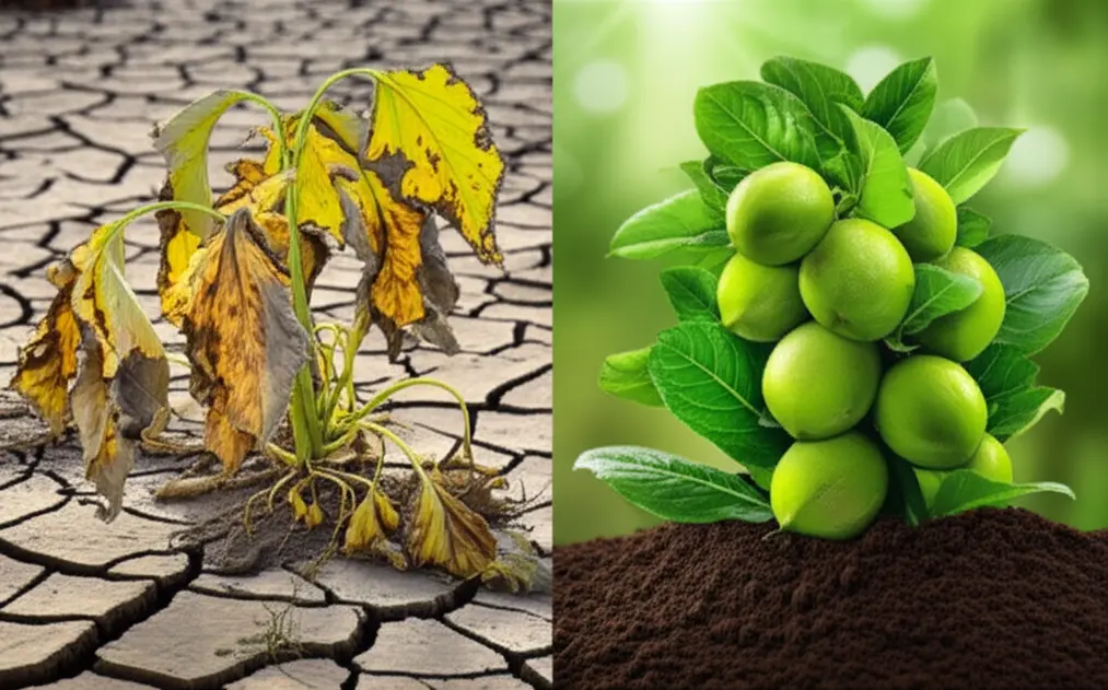 Ảnh so sánh hai nửa: bên trái là cây trồng héo úa, cháy lá do thừa phân; bên phải là cây trồng khỏe mạnh, sai quả nhờ bón phân cân đối.