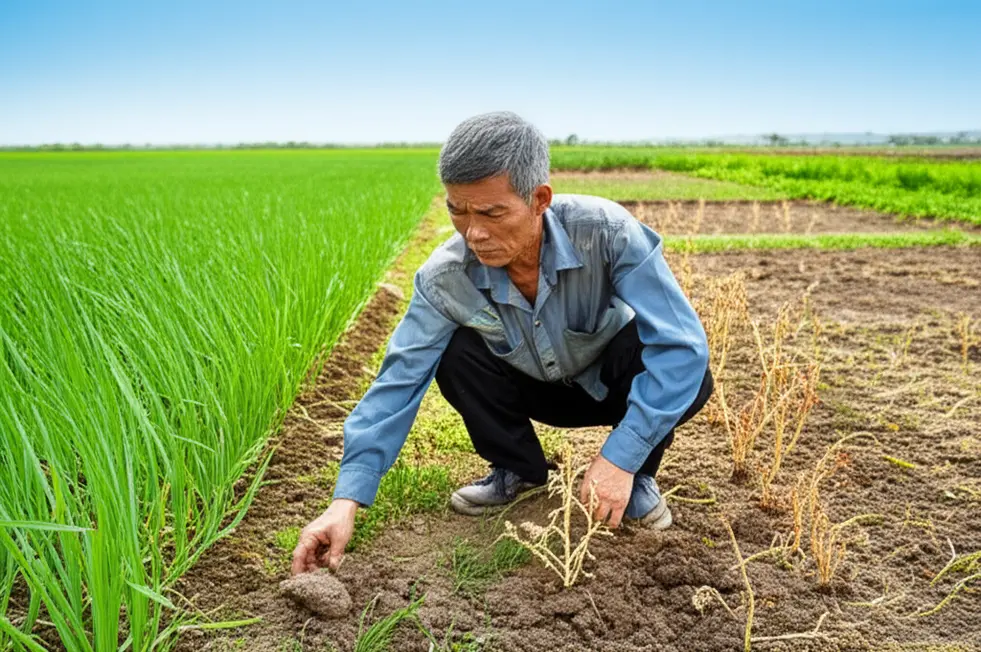 Hình ảnh bìa bài viết với cánh đồng cây trồng xanh tốt bên cạnh một vùng cây còi cọc, một người nông dân đang kiểm tra tình trạng cây và đất.