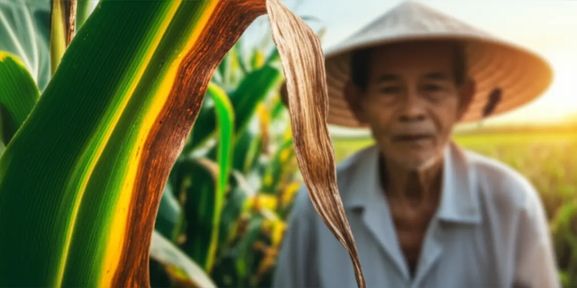 Mép lá bắp bị cháy vàng, một dấu hiệu điển hình của cây thiếu Kali.