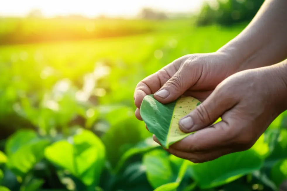 Bàn tay nông dân đang nâng niu một chiếc lá bị bạc màu, phía sau là cánh đồng xanh tươi, thể hiện sự quan tâm và chẩn đoán bệnh cho cây.