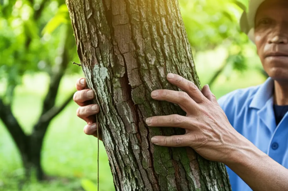 Bàn tay dày dạn kinh nghiệm của một nông dân Việt Nam đang chạm vào vết nứt trên thân cây ăn quả. Ánh nắng sớm chiếu qua tán lá, làm nổi bật lên sự lo lắng nhưng kiên định trên gương mặt người nông dân.