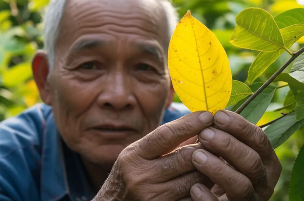 Nỗi lo của người nông dân khi phát hiện những dấu hiệu vàng lá đầu tiên trên vườn cây.